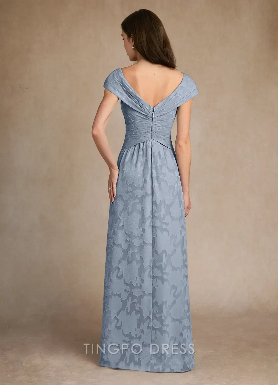 TingPo Wholesale Elegant Dusty Blue A-Line Pleated Floral Burnout Dress